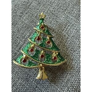 Vintage Christmas Tree Brooch Gold Tone Multicolor Rhinestone Holiday Pin 1980s